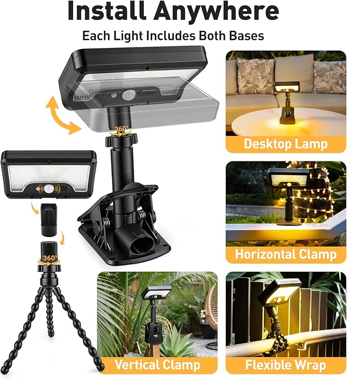 2 Pack Clip On Solar Lights Outdoor with Octopus Tripod, 92 LEDs 3 Color Temps & Remote Control, Motion Sensor Fence Lights Solar Powered, IP65 Waterproof Security Light for Deck, Gutter, Camping