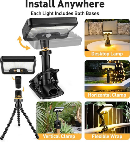 2 Pack Clip On Solar Lights Outdoor with Octopus Tripod, 92 LEDs 3 Color Temps & Remote Control, Motion Sensor Fence Lights Solar Powered, IP65 Waterproof Security Light for Deck, Gutter, Camping