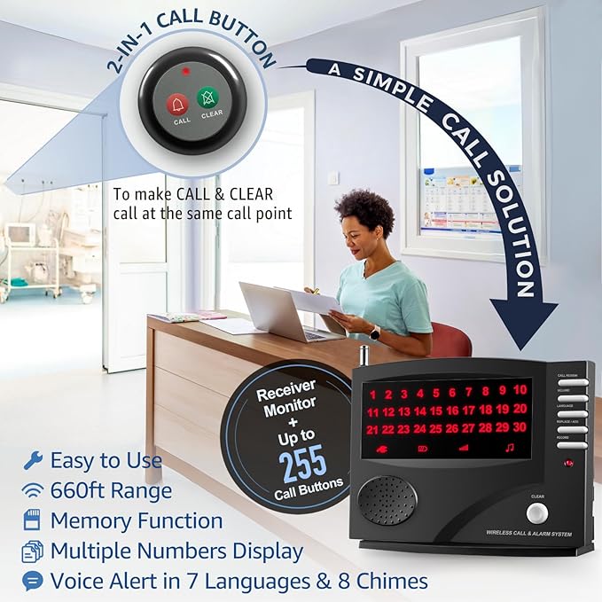 Nurse Call System Caregiver Pager Call System with 10 Dual Feature Call Buttons and 1 Central Monitoring Unit Clinic Care Restaurant Assisted Living Nursing Customers Patients Residents