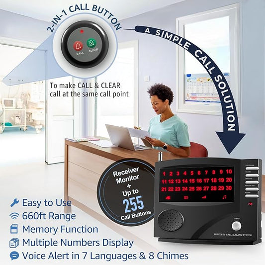 Nurse Call System Caregiver Pager Call System with 10 Dual Feature Call Buttons and 1 Central Monitoring Unit Clinic Care Restaurant Assisted Living Nursing Customers Patients Residents
