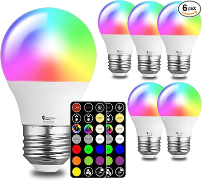 RGB Color Changing Light Bulb with Remote Control, 5W 40W Colored Light, 30 Color RGB for Bedroom, Living Room, 6-Pack