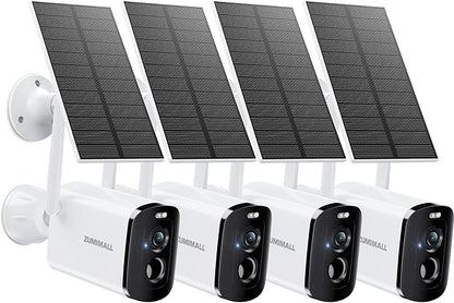 ZUMIMALL Solar Security Cameras Wireless Outdoor - 4 Packs, 2K Camera for Home Security with Color Night Vision, 2.4GHz WiFi, 2-Way Talk, Spotlight & Siren, IP66 Weatherproof, Compatible with Alexa