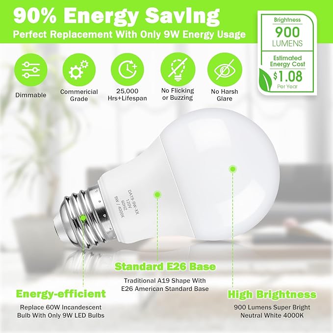 Maylaywood 60 Watt Equivalent A19 LED Light Bulb, Neutral White 4000K, 900LM, 9W Bright White, E26 Base, Dimmable, Pack of 12