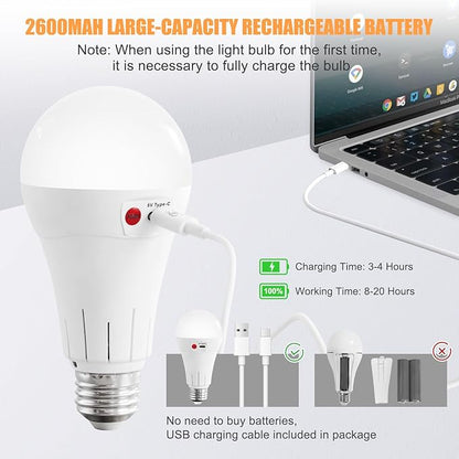 Vitnucrol 1 Pack Rechargeable Light Bulbs with Remote, E26 Wireless Battery Operated Light Bulb for Lamps, 2600mAh Dimmable Timer A21 Standard Emergency LED Light Bulbs for Power Outages, 7W, 300LM