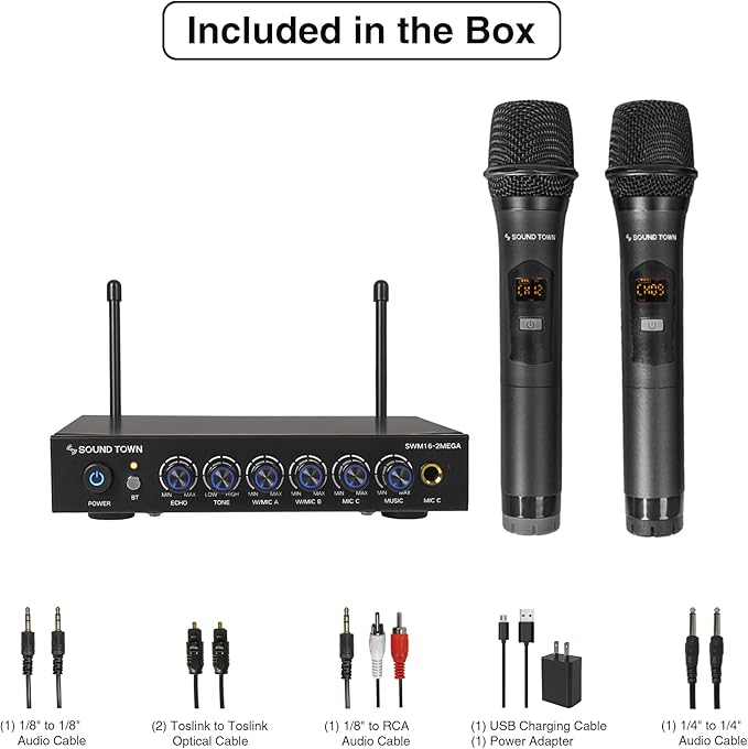 Sound Town 100 Channels Wireless Microphone Karaoke Mixer System with 2 Metal Handheld Microphones, Optical (Toslink), AUX, for Smart TV, Home Theater, Sound Bar (SWM16-2MEGA)