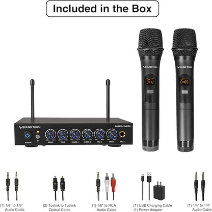 Sound Town 100 Channels Wireless Microphone Karaoke Mixer System with 2 Metal Handheld Microphones, Optical (Toslink), AUX, for Smart TV, Home Theater, Sound Bar (SWM16-2MEGA)