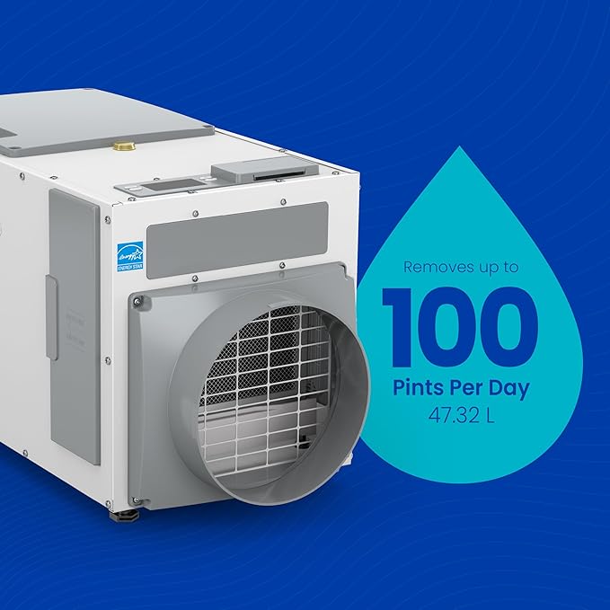 AprilAire E100 Whole House Dehumidifier for Basement & Crawl Space – 100-Pint High-Capacity Commercial Dehumidifier for Homes Up to 5,500 Sq. Ft. with Pump, Drain Hose, & Hanging Kit for DIY Install