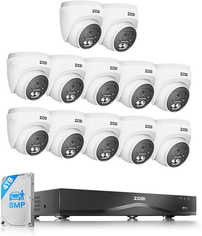 ZOSI C220 4K 8MP 16CH POE NVR Security Camera System (32CH Expandable), 12 x 8MP PoE IP Cameras Outdoor Indoor, 24/7 Recording, AI Human/Vehicle/Face Detection, Two-Way Talk, Night Vision, 4TB HDD