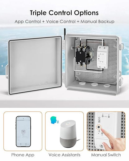 Outdoor Smart WiFi Power Switch Box, 110V 40A 2-Pole Pool Heater Switch, Irrigation Pump Start Relay Fit for Sprinkler Controller System, Compatible with Alexa & Google Home, Remote Control