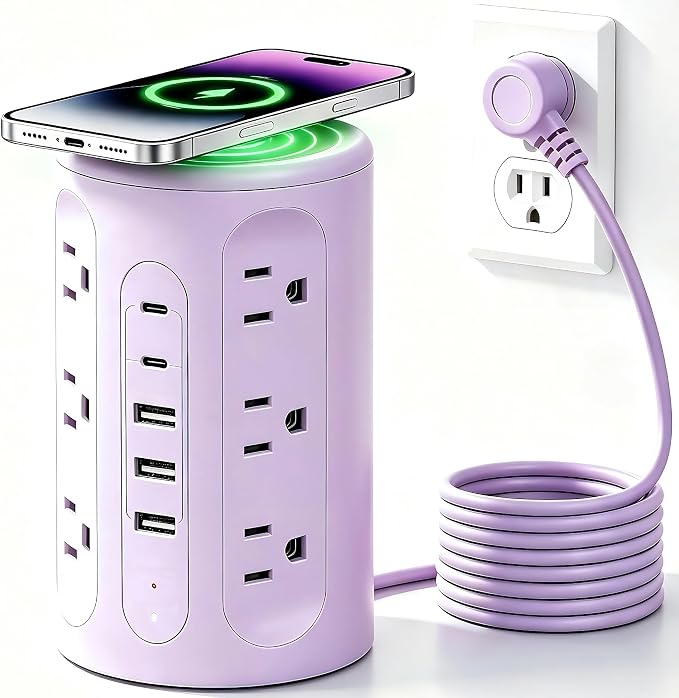 Power Strip Tower with USB Ports, 6.5 FT Extension Cord with Multiple Outlets (12AC+3A+2C) for Home Office Desk College Dorm Room Supplies