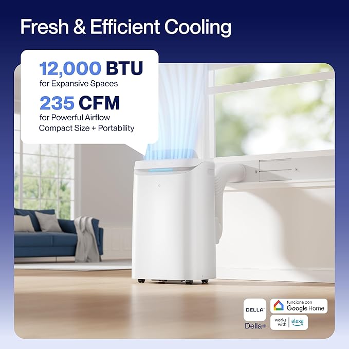 DELLA Sylro Series Smart Portable AC, 12,000 BTU Free-Standing Cooling AC with Fan & Dehumidifier, 45dB Ultra Quiet, APP/Voice/Remote Control, 4 Speed, Turbo & Sleep Mode, Fits 20.5"–67.3" Windows