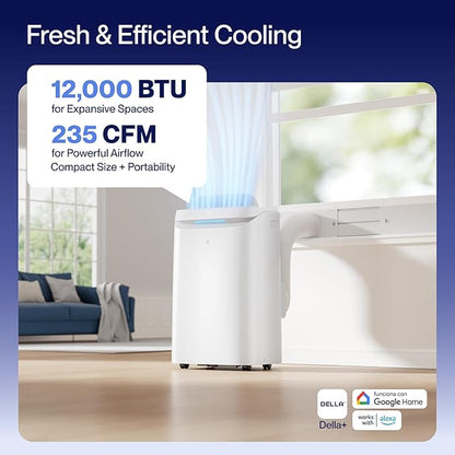 DELLA Sylro Series Smart Portable AC, 12,000 BTU Free-Standing Cooling AC with Fan & Dehumidifier, 45dB Ultra Quiet, APP/Voice/Remote Control, 4 Speed, Turbo & Sleep Mode, Fits 20.5"–67.3" Windows