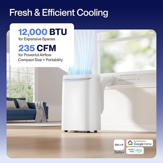 DELLA Sylro Series Smart Portable AC, 12,000 BTU Free-Standing Cooling AC with Fan & Dehumidifier, 45dB Ultra Quiet, APP/Voice/Remote Control, 4 Speed, Turbo & Sleep Mode, Fits 20.5"–67.3" Windows