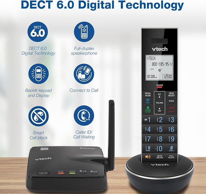 VTech LS6331-2 Expandable Cordless Phone 2 Handsets with DECT 6.0 Desk/Wall Mountable Transmitter, Bluetooth Connect-to-Cell, Full Duplex Handset Speakerphone, Landline Phone with Smart Call Blocker