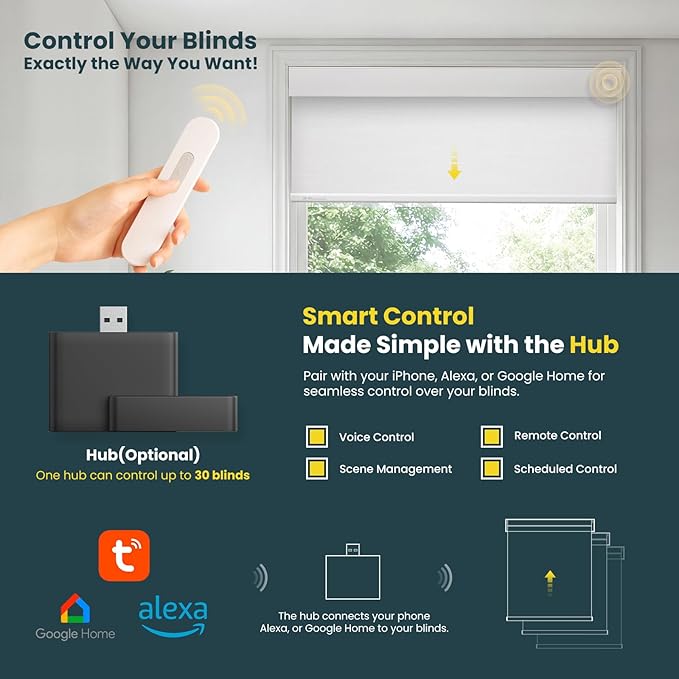 Motorized Blinds No Drill Automatic Blinds for Windows Cordless Roller Shades Electric Blinds with Remote Control Smart Blinds (White, 36.5 x 72)