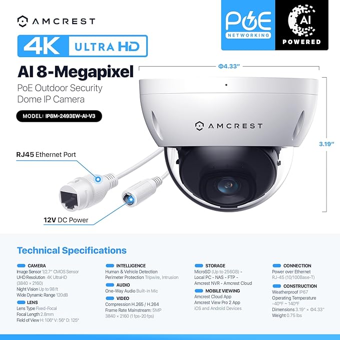 Amcrest UltraHD 4K (8MP) Outdoor Security PoE IP Camera, 3840x2160, 98ft NightVision, 2.8mm Lens, IP67 Weatherproof, IK10 Vandal Resistant Dome, MicroSD Recording, White (IP8M-2493EW-AI-V3)