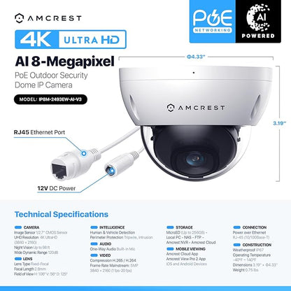 Amcrest UltraHD 4K (8MP) Outdoor Security PoE IP Camera, 3840x2160, 98ft NightVision, 2.8mm Lens, IP67 Weatherproof, IK10 Vandal Resistant Dome, MicroSD Recording, White (IP8M-2493EW-AI-V3)