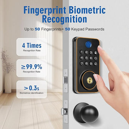 Fingerprint Door Lock with Handle Set,Electronic Keypad Deadbolt with 2 Knobs,APP,Auto Lock,100 User Codes,One Time Code,Voice Prompts,Anti-Peeking Password,Home, Apartment,Satin Nickel