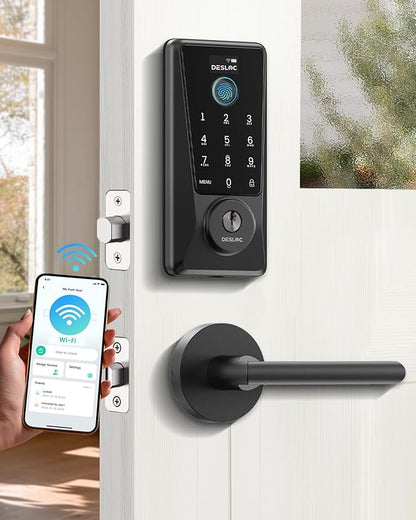 DESLOC Smart Lock D110 Plus, Fingerprint Keyless Entry Door Lock, Built-in Wi-Fi, App Remote Control, Smart Locks for Front Door, Keypad Deadbolt with LockVue Display, IP54, BHMA Grade 3