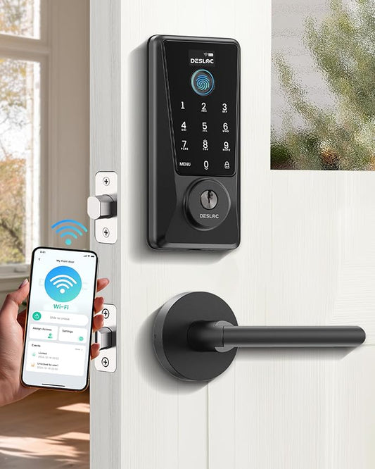 DESLOC Smart Lock D110 Plus, Fingerprint Keyless Entry Door Lock, Built-in Wi-Fi, App Remote Control, Smart Locks for Front Door, Keypad Deadbolt with LockVue Display, IP54, BHMA Grade 3