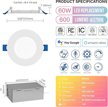 4" LED Smart Slim Recessed Pot Light, WiFi APP & Voice Control, 120VAC, 9W, 600LM, RGB + 2700K-6000K, ETL & FCC & IC Rated, Wet Location, Compatible with Alexa/Google Home, White - 4 Packs