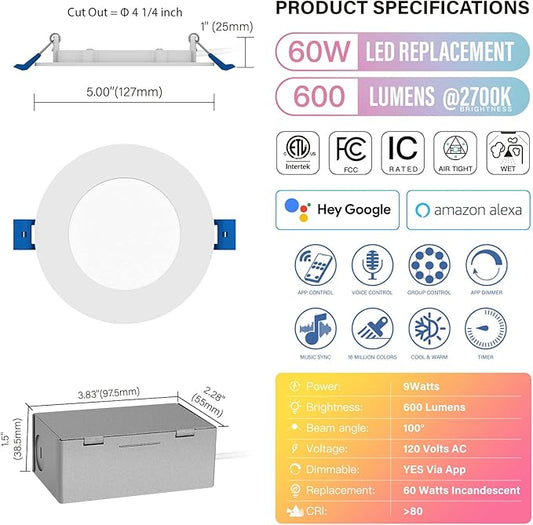 4 Inch LED Smart Slim Recessed Pot Light, WiFi APP & Voice Control, 120V, 9W, 600LM, RGB + 2700K-6000K, ETL & FCC & IC Rated, Wet Location, Compatible with Alexa/Google Home, White - 12 Packs