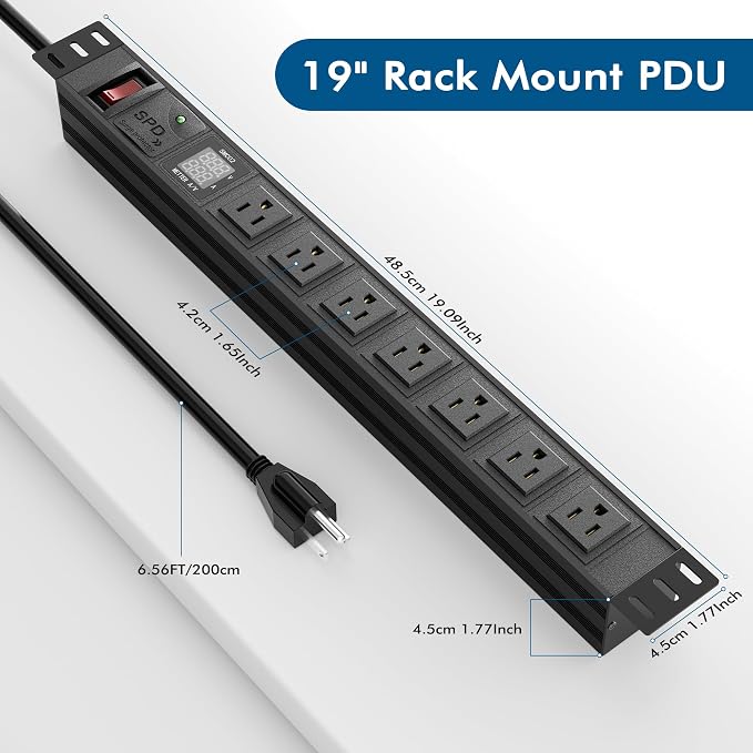 Metered PDU 19 Inch, 7 Outlets Rack Mount Power Strip PDU, SPD, 125V 15A 1U Rackmount Surge Protector Power Strip with OLED Screen Amp Voltage Power Display