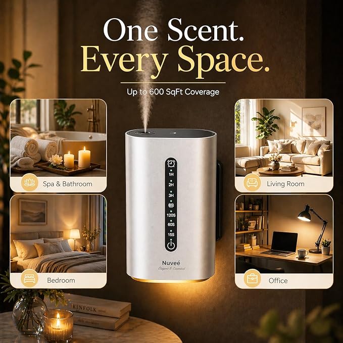 Wall Plug-in Waterless Essential Oil Diffuser, Smart Cold Air Scent Diffuser for Home, App-Controlled, 600 Sq Ft Coverage, Odor Eliminator, Includes 50ml My Way Aromatherapy Oil (Silver)