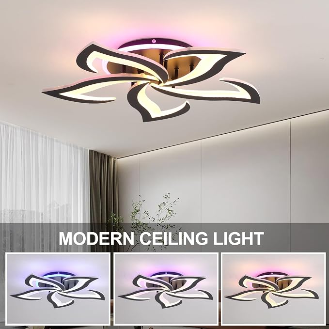 Modern LED Ceiling Light 50W, Dimmable 5-Petal Flush Mount, Black | 23.6" Flower Ceiling Light with Remote, 3000LM, 3000K-6000K, Modern Light Fixture for Bedroom Living Room Dining Room