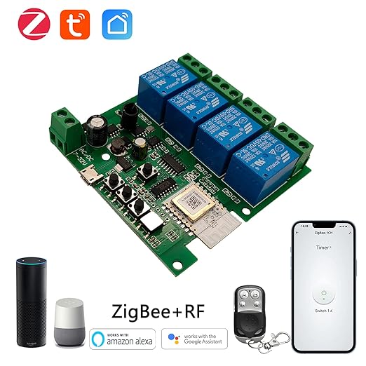 Jane Eyre 4 Channel Tuya Zigbee Smart Switch, Jog/Self-Locking/Interlock Relay DC/AC 7-32V with 433 RF Remote Control for use with Alexa Google Home (Requires Tuya ZigBee 3.0 Gateway Hub)