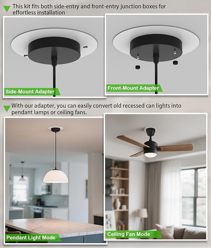 Recessed Can Light Conversion Kit for 5" and 6" Ceiling Fixtures - Pendant/Hanging Light Upgrade, Compatible with Ceiling Fans, Includes 7¾" Flat Steel Medallion, White Finish