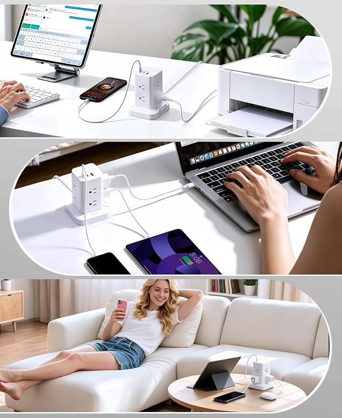 Power Strip Tower with Surge Protector 1800J, Fast Charging Tower PD20W USB-C Ports with 8 AC Outlets, Extension Cord for Home Office Dorm Room, White, 8FT