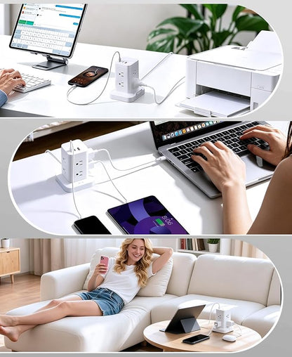 Power Strip Tower with Surge Protector 1800J, Fast Charging Tower PD20W USB-C Ports with 8 AC Outlets, Extension Cord for Home Office Dorm Room, White, 8FT