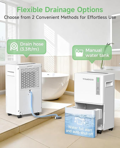 1500 Sq.ft Dehumidifier for Basement, Trazico 21 Pint Quiet Dehumidifiers for Home with Drain Hose, Smart Humidity Control, 3 Modes, 24H Timer, Auto Defrost, for Large Room, Bedroom, and Bathroom