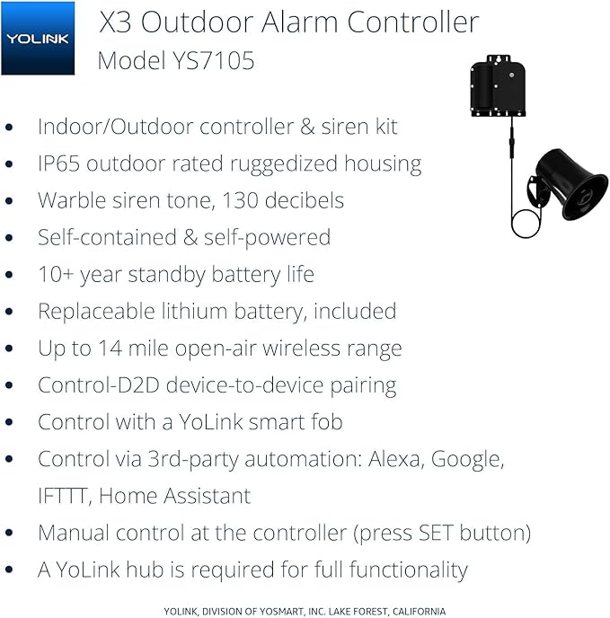 YoLink X3 Version Outdoor Alarm Controller, Ruggedized Battery-Powered Siren/Alarm/Relay Controller, Up to 1/4 Mile Range, 130dB Siren, Alexa, Google, IFTTT, Hub Required for Full-Functionality!