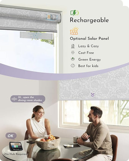 Graywind Smart Blackout Roller Shades Work with Alexa Google Patterned Textured Fabric Rechargeable Motorized Blinds Cordless Remote Control Window Shades, Custom Size (Floral Jacquard White)