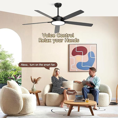 Roomratv 62 Inch Smart Ceiling Fan Compatible with App/Alexa/Google home | Black,Beep-Off Function,Ultra Quiet,Bright and Dimmable Led Light,Energy saving,Reversible，Indoor/Outdoor Use