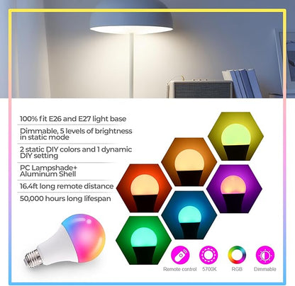 Droiee Dimmable E26 Warm LED Light Bulb, 6W RGBW Color 500LM with 16 Color Changing Modes for Christmas, Party etc with Remote Control 2 Pack, White, Dr-2024