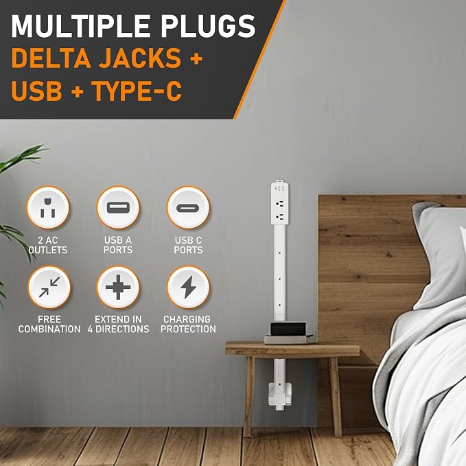 Outlet Extender Stick - Features 2 USB-A, USB-C and 2 AC Outlets, Adjustable Disassembly Extends 6"-35", 360° Access Hard-to-Reach Outlets, Wall Plug Power Socket Expander Nightstands, Sofa, Desks