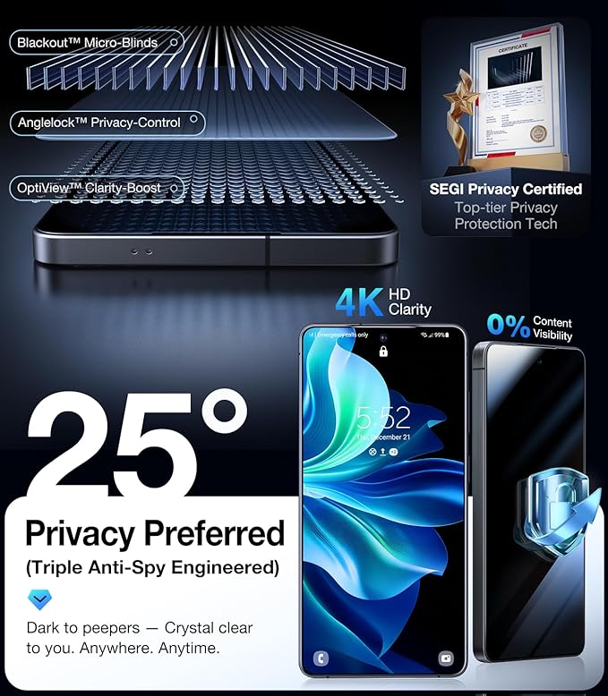 UltraGlass Unbreak Top 9H+ Glass for Samsung Galaxy S25 Ultra Privacy Screen Protector [Military Grade Shatterproof & Longest Durable] S25 Ultra Screen Protector Tempered Glass, 2 Pack [Black]