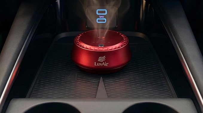 LuvAir Smart waterless car Aroma Diffuser Set, Adjustable Ultra Sonic-Mist Technology, Rechargeable, 100% Natural Fragrance, Aromatherapy Oil Scent Included (Red, Peach Lumiere)