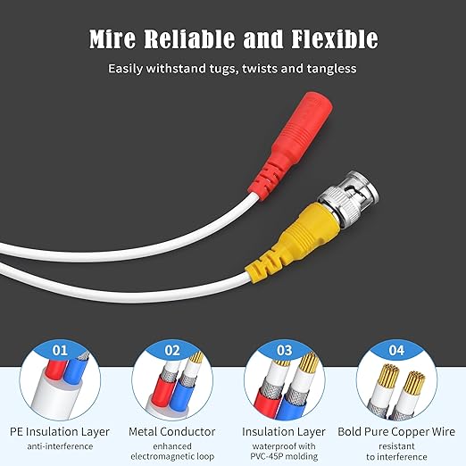 1 Pack 100ft White BNC Video Power Cable Security Camera Cable Wire Cord for CCTV DVR Surveillance System with Connectors (BNC Female and BNC to RCA) (White, 100FT)