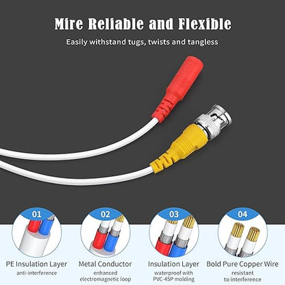 1 Pack 100ft White BNC Video Power Cable Security Camera Cable Wire Cord for CCTV DVR Surveillance System with Connectors (BNC Female and BNC to RCA) (White, 100FT)