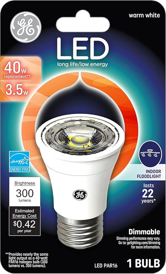 GE Dimmable LED Light Bulb, PAR16 Indoor Floodlight, 3.7-Watt (40-Watt Replacement), 260 Lumen, Bright White, Medium Base, 1-Pack PAR16 LED Light, Recessed Light Bulb, LED Floodlight