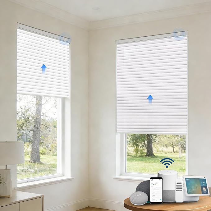 Motorized Cellular Shades with Remote, Light Filtering Smart Cellular Shades Compatible with Alexa, Honeycomb Window Blinds for Bedroom Home Office, Custom Size, Half Shading Crystal White