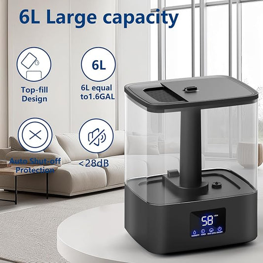 KZF Humidifier for Bedroom, 6L Ultrasonic Cool Mist Easy Clean 3 Adjust the Humidity, Suitable for Bedroom Study Room Kids Room Yoga Office, Quite and Smart Top Fill Design