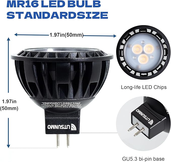 MR16 LED Bulb 2700K Warm White, 5W MR16 GU5.3 LED Bulb Aluminum, 400 Lumens, 12V Low Voltage Landscape Light Bulbs for Outdoor Landscape Lighting and Indoor Accent Lighting, 1 Pack