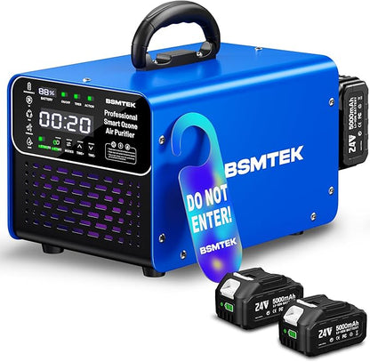 Cordless Ozone Generator with 2X 5000mAh Battery & Quick Charger, 24V Professional Grade Ozone Machine, Deodorizer, With Remote Control, Suitable for Large Room，Blue