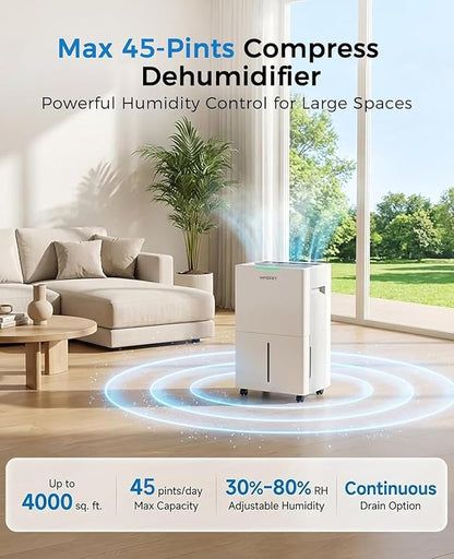 4000 sq.ft Dehumidifier for Basement with Drain Hose, 45 Pint Dehumidifiers for Home, Smart Compressor Dehumidifies for Large Room, Bedroom, 3 Modes, Intelligent Humidity Control, Auto Defrost