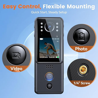 4K Body Camera with Audio and Video Recording, Dual Batteries Z13 Mini Small Body Cam, with Charging Dock&6 IR Night Vision, Wearable Camera for Vlog, Personal Protection, Security